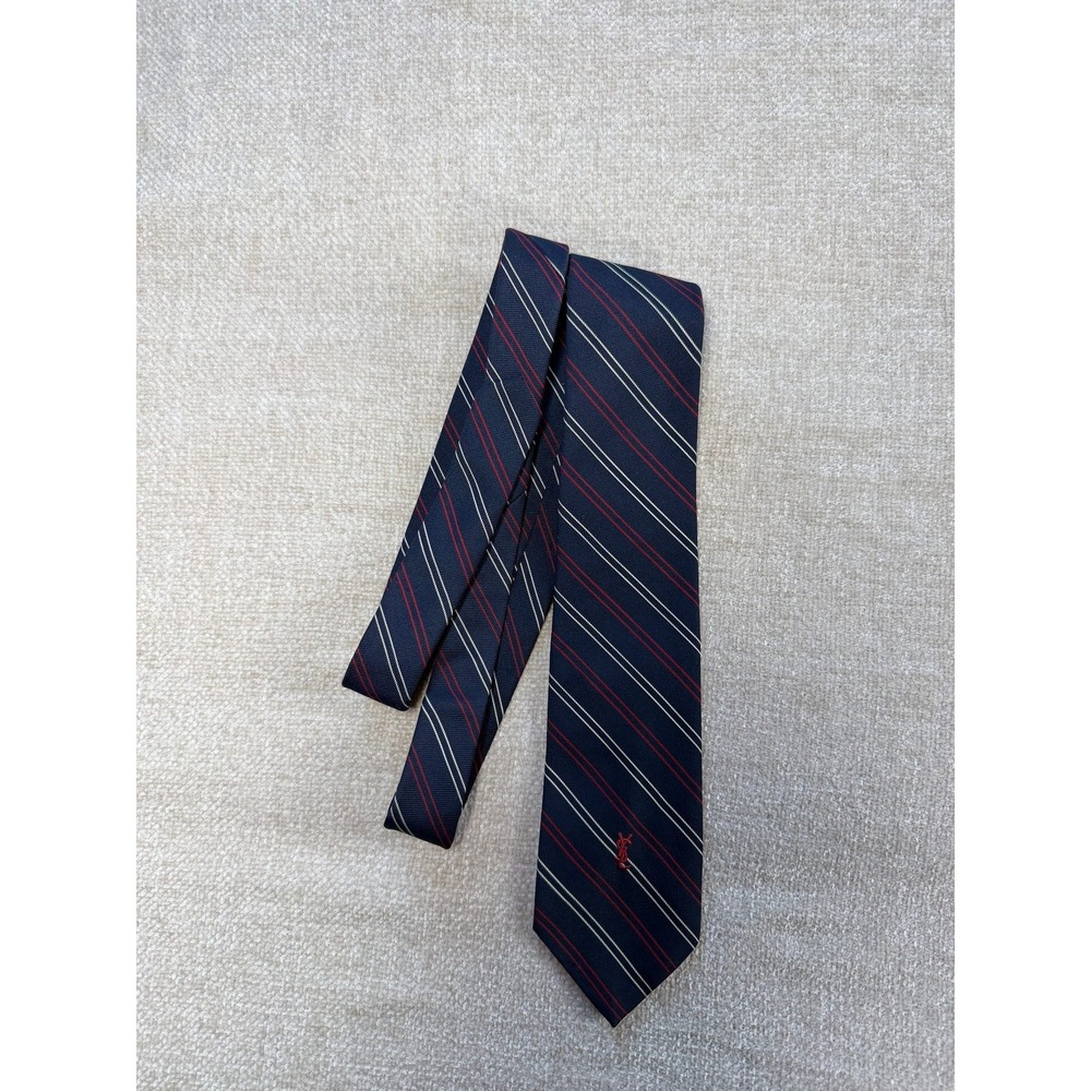 Yves Saint Laurent Vintage Silk Tie Navy Red White Repp Stripe YSL - Picture 6 of 7
